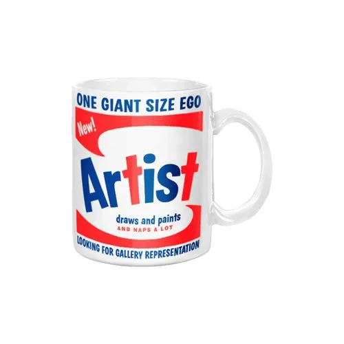 White ceramic mug with bold red and blue “ONE GIANT SIZE EGO” text in a pop-graphic style.