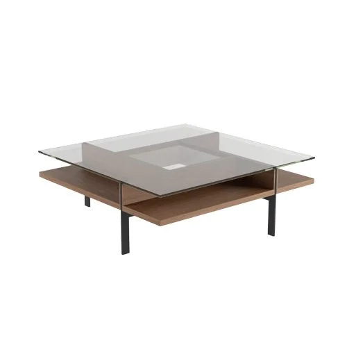 Terrace 1150 Square Coffee Table by BDi with glass top and layered wood-and-steel base.