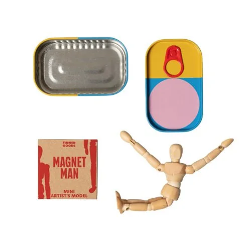 Block Design Tinned Goods Magnet Man mini artist model in illustrated tin