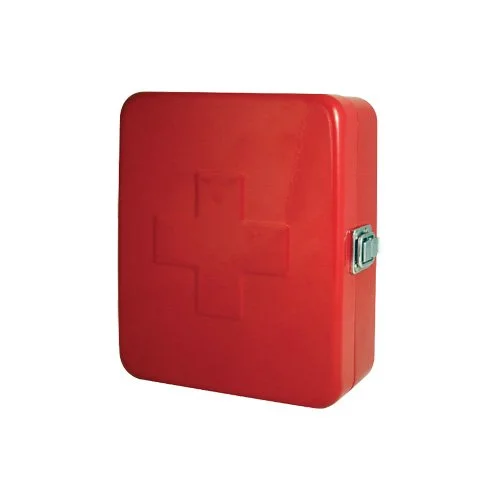Red powder-coated steel First Aid Box by Kikkerland with vintage-inspired modern design.