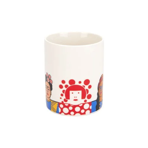 Detail view of bold, colorful illustrations on the Great Modern Artists Female Edition mug.