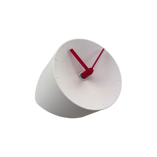 White Mosery clock by Park Sung-ho and Lee Seong-yong with contrasting red hands.