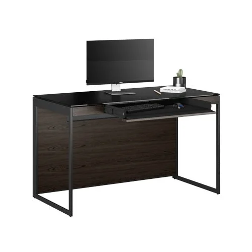 Sequel 20 6103 Compact Desk by BDI in charcoal-stained ash with black glass top.