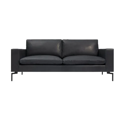 Contemporary mid-size sofa with wide arms and deep seat cushions