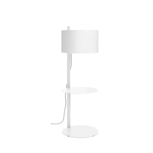 Blu Dot Note Large Floor Lamp with Table – modern powder-coated steel floor lamp with a cantilevered linen drum shade and an integrated round side table for stylish functionality.