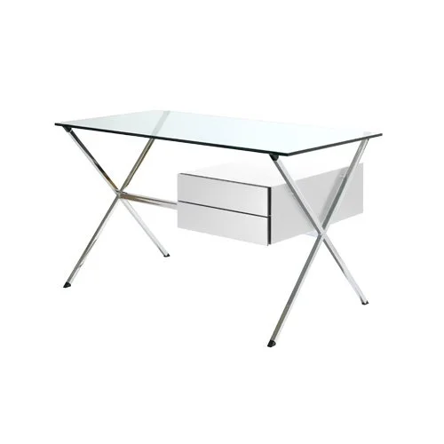 Modern home office desk featuring floating surface and warm wood storage.