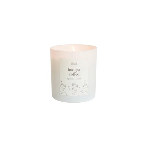 Literie Bodega Coffee candle with notes of coffee, cream, and sugar in a modern glass vessel.