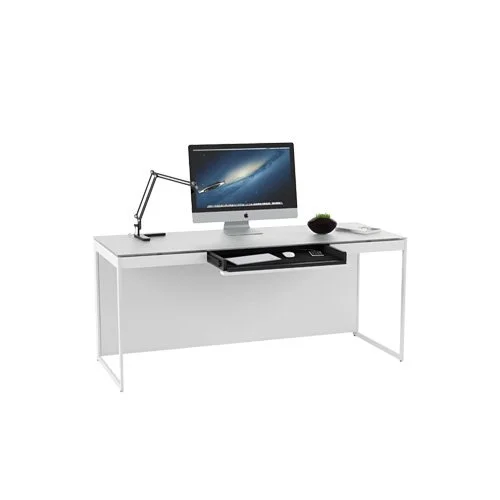 Modern designer desk with fingerprint‑resistant glass and powder‑coated steel base.