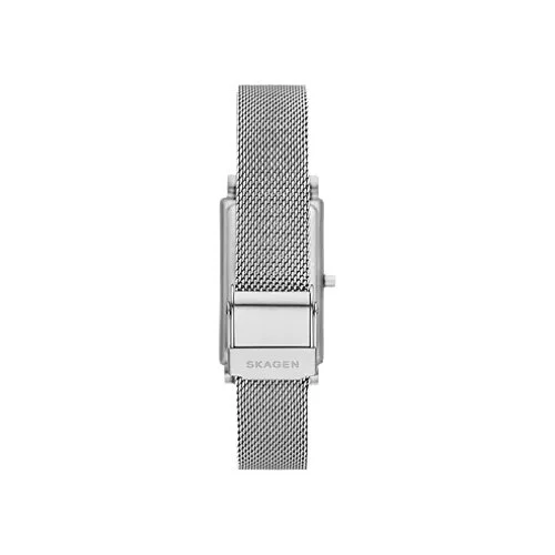 Minimalist rectangular watch with clean dial and mesh band