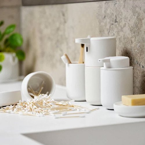 Zone Denmark Ume Soap Dish in Indigo Blue and White—soft‑touch finish and durable form for modern baths.