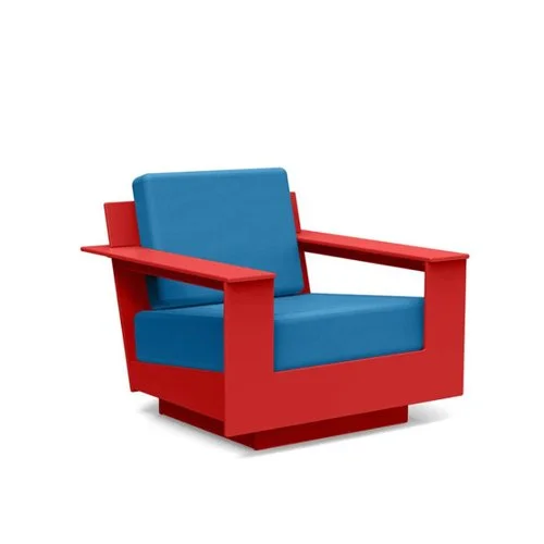 Durable and stylish weatherproof patio chair featuring contemporary angles and cushioned comfort.