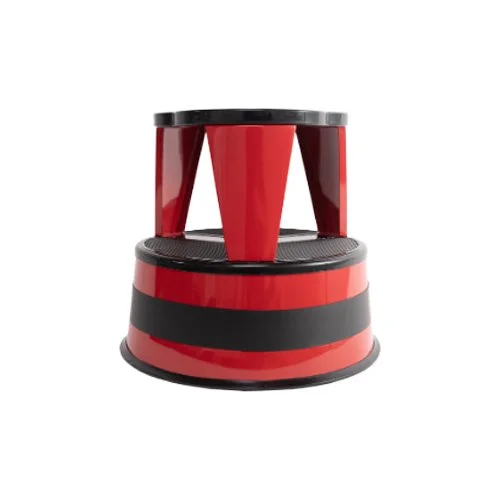 Kik-Step Step Stool in red steel with spring-loaded casters and non-slip tread.