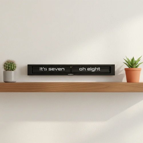 Long-format metal clock with physical cards that spell the time in plain language