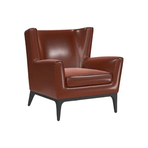 Customizable accent chair available in leather, fabric, or Ultrasuede with multiple wood finishes.