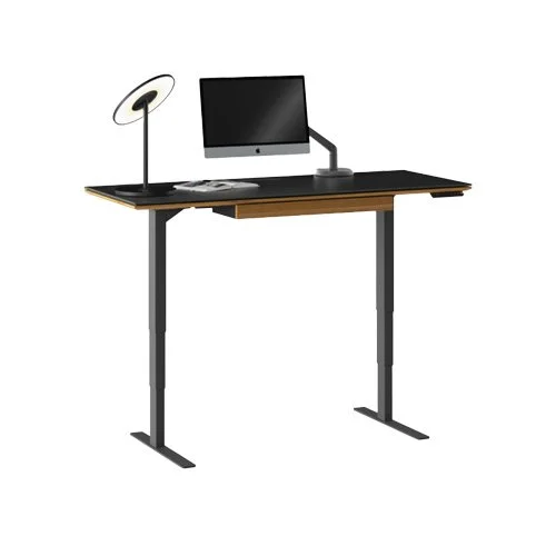 Sequel 20 6151 and 6152 desks by BDI in natural walnut with black glass tops. (Copy)