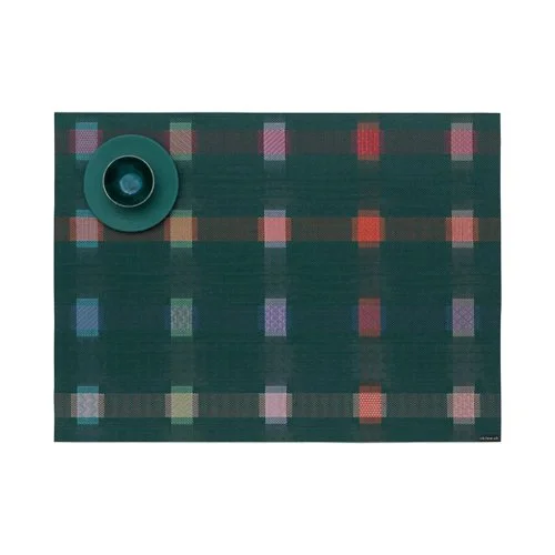 Chilewich Sampler Placemats in Fir with overlapping rectangles and richly layered woven color.
