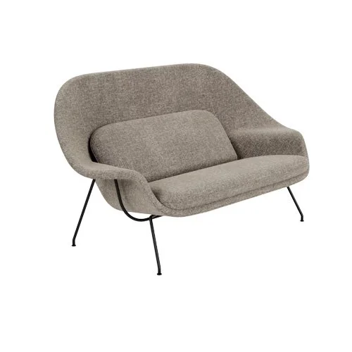Modern fiberglass lounge settee from the Womb collection with soft curves and metal legs.