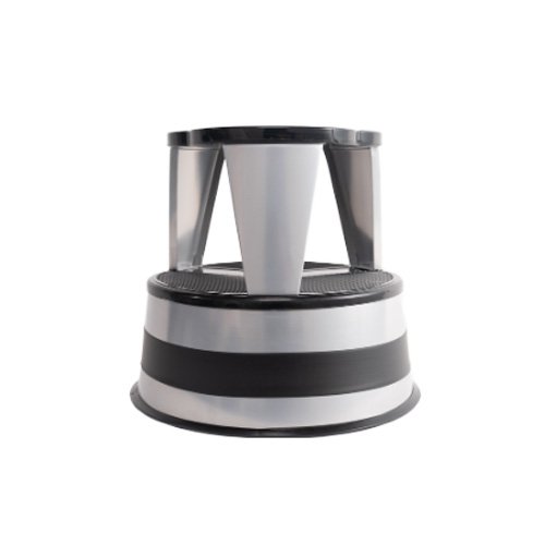 Kik-Step Step Stool in silvertone steel with spring-loaded casters and rubber tread.