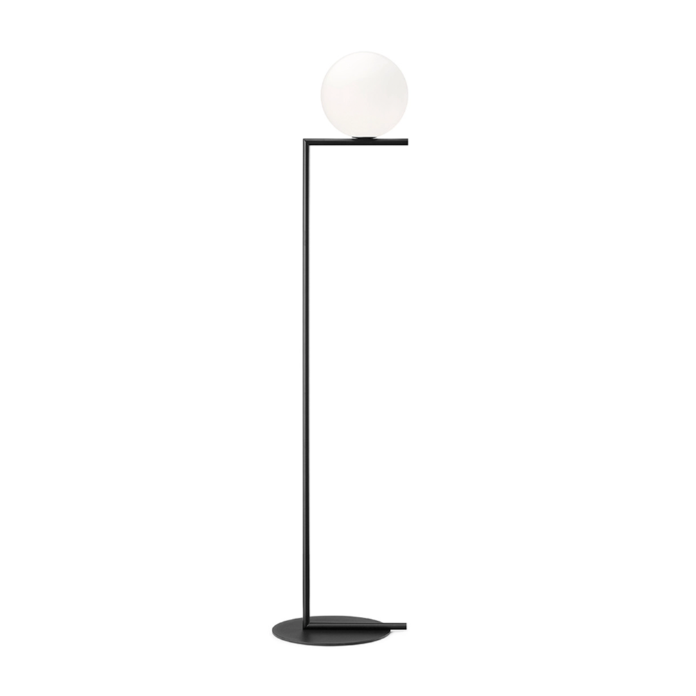 Black IC Lights F1 lamp with spherical diffuser and minimalist linear form.