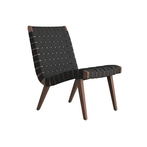 Midcentury modern lounge chair with warm walnut wood and handwoven webbing.