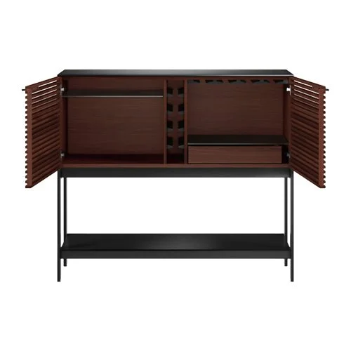 Sleek bar furniture with walnut finish and louvered doors for home entertaining.