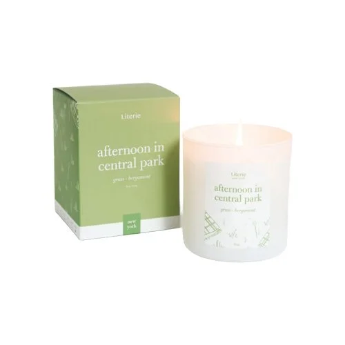 Hand-poured vegan coconut-soy candle evoking a stroll through Central Park.
