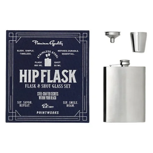 Printworks hip flask kit in book-style box with stainless steel tools