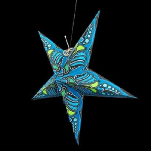 Contemporary pendant lighting accent featuring a handcrafted teal paper star lantern.