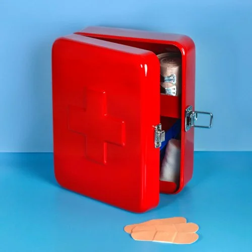 Durable steel storage box featuring removable tray and glossy enamel finish.