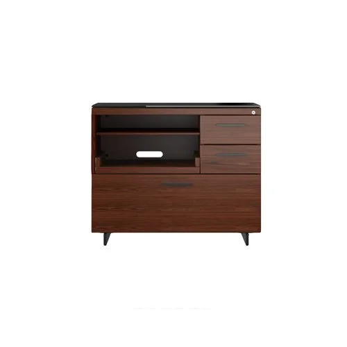 Compact modern file cabinet with locking drawer and adjustable shelf.
