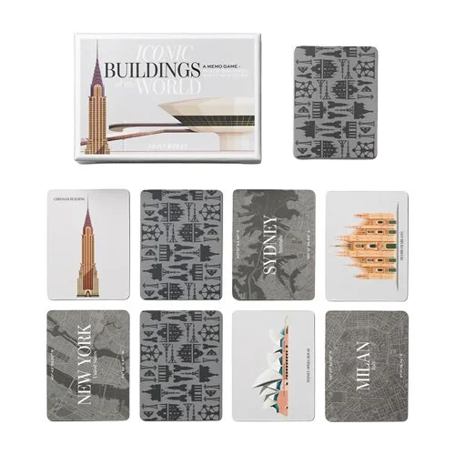 Illustrated memory game featuring landmarks and cities, FSC-certified and acid-free paper cards