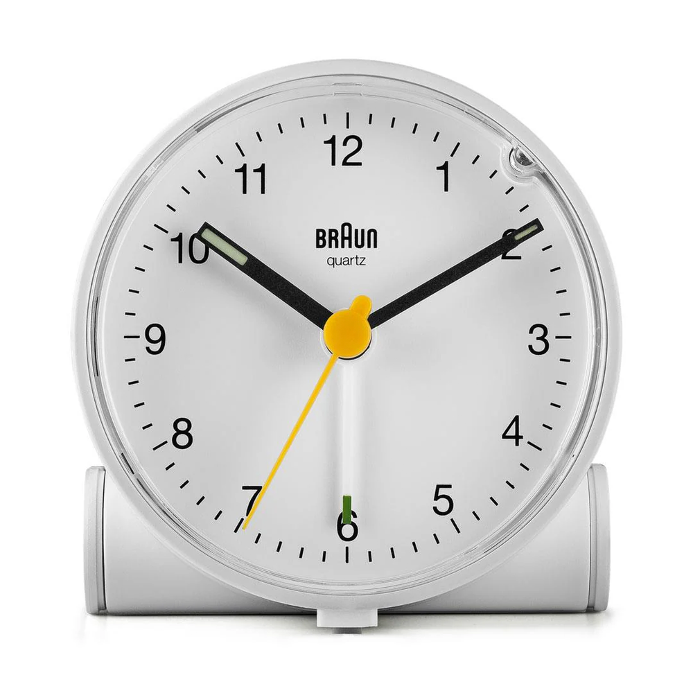 Compact white Braun alarm clock with crescendo alarm