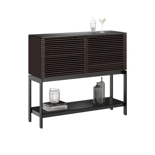 BDI Corridor 5621 Bar Cabinet in charcoal-stained ash with satin-etched black glass top.