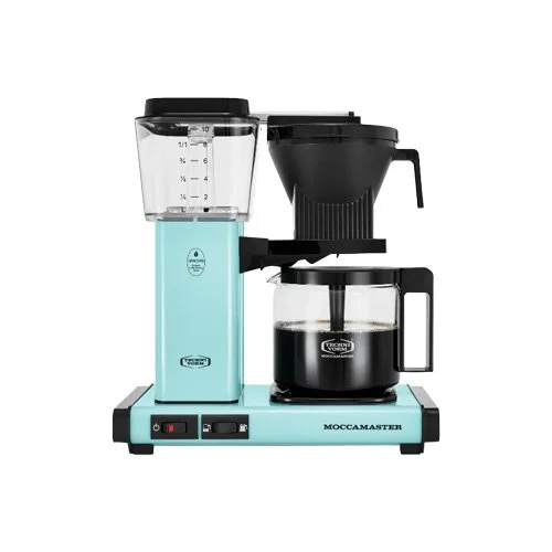 Moccamaster KBGV Select in Turquoise, glass carafe, copper boiling element, brews 40 oz in 4–6 minutes.