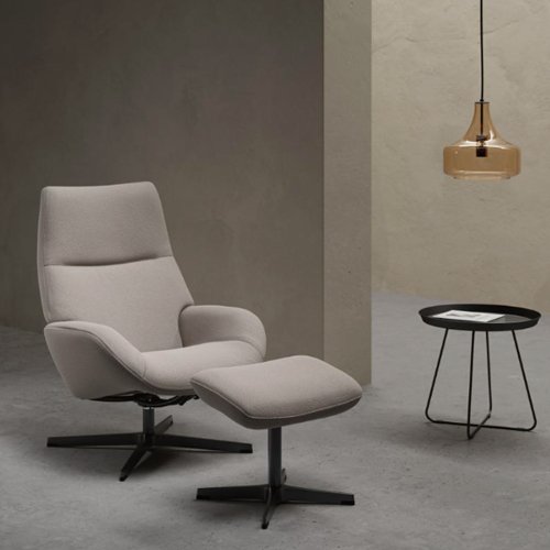 Contemporary swivel lounge chair with high back and curved form