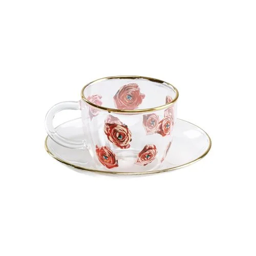 Borosilicate glass coffee cup and saucer with rose graphic and gold detail