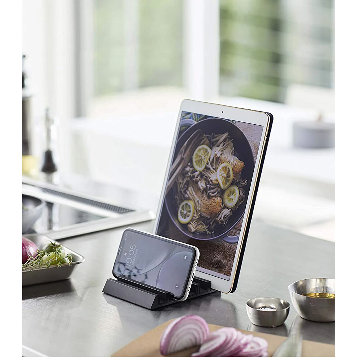 Yamazaki Tower Phone & Tablet Stand in black aluminum with minimalist Japanese design.