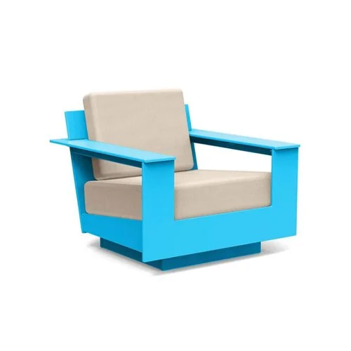 Durable and stylish weatherproof patio chair featuring contemporary angles and cushioned comfort.