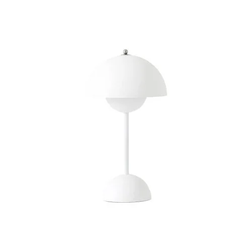 Matte white portable lamp offering soft ambient LED lighting and modern form.