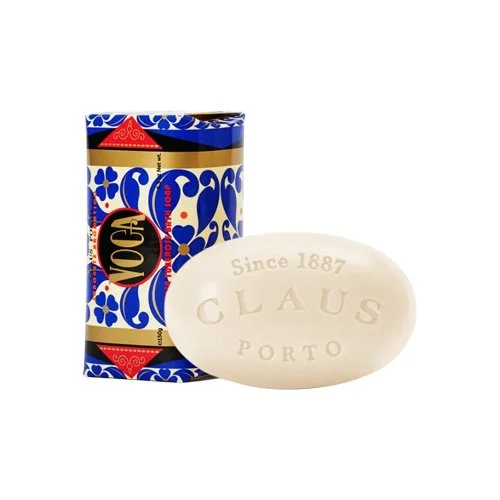 Voga Acacia Tuberose Soap by Claus Porto featuring notes of tuberose and vanilla in Art Deco packaging.