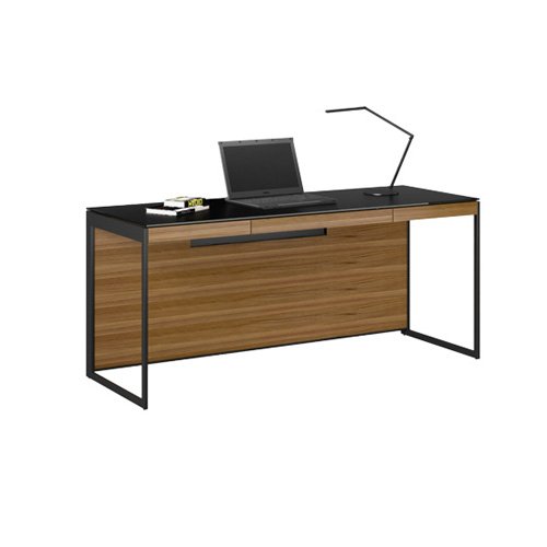 Sequel 20 6101 Desk by BDI in natural walnut with black glass top and black frame.