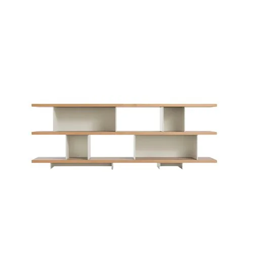 Three-shelf asymmetrical storage solution in wood and metal by Blu Dot.