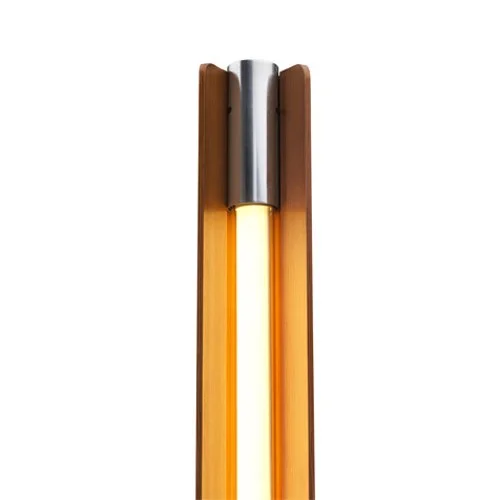 Modern Flos lighting with ash wood, chromed metal, and black iron construction.