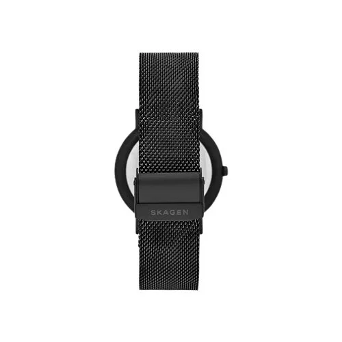 Three hand quartz watch with dark stainless steel mesh bracelet