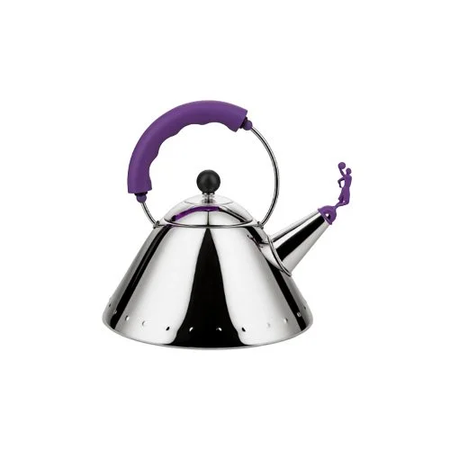 Alessi 3909 Kettle with basketball player whistle and purple handle accents.