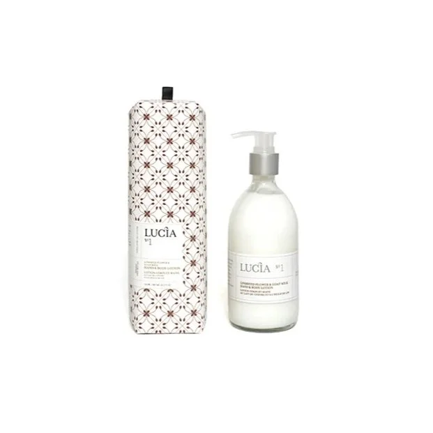 Hand and body lotion with goat milk and linseed flower, plant-based skincare, gentle hydration, clean modern bath essentials