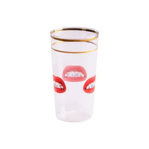 Printed glass tumbler by Seletti with clean cylindrical form