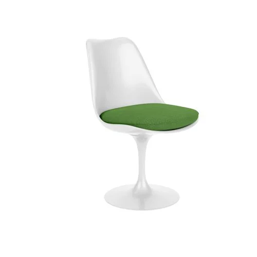 Upholstered tulip chair with sculptural white base and custom fabric options.