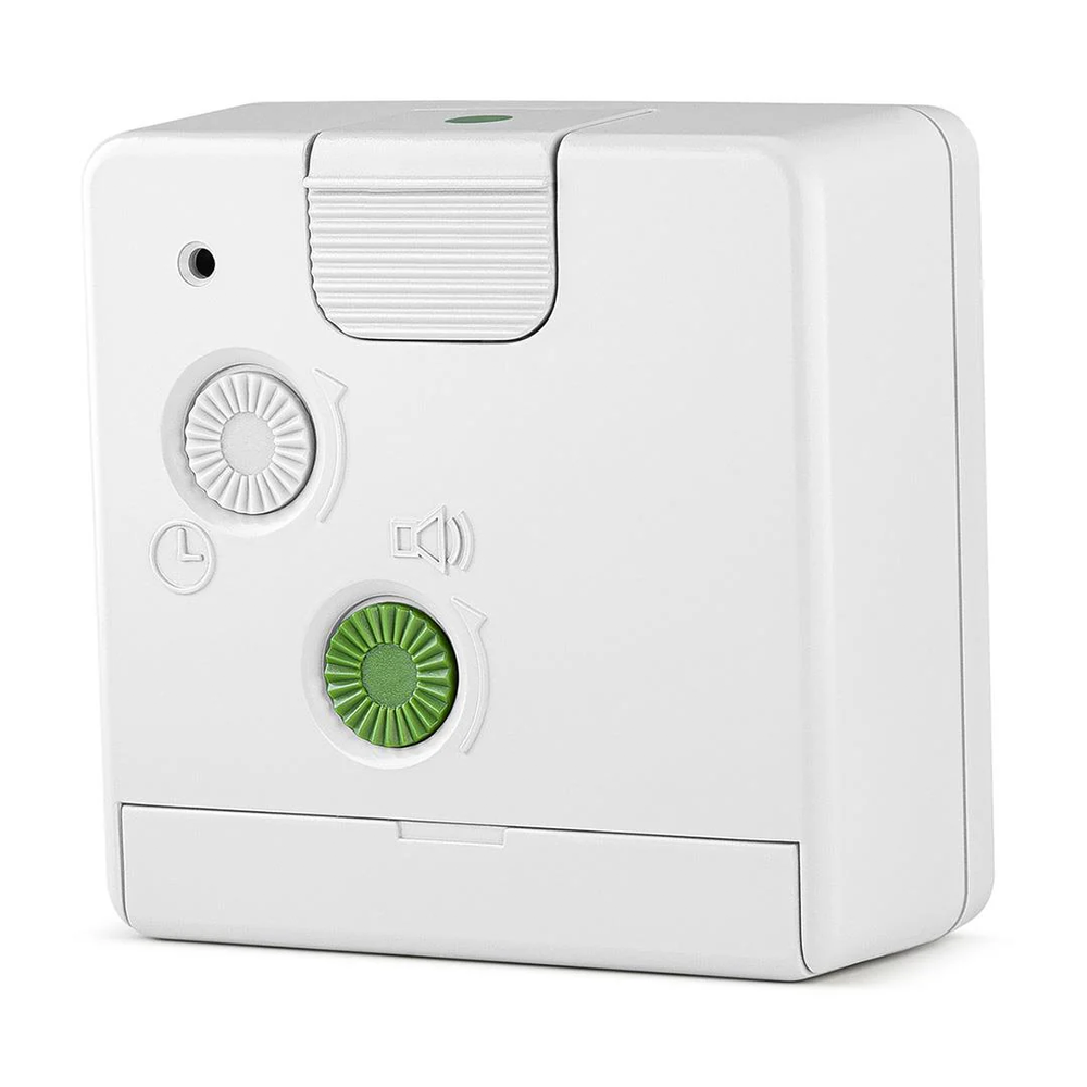 Braun BC02X white travel alarm clock with clean dial and yellow second hand—iconic, minimalist, compact.