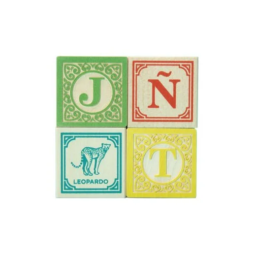 Modern wooden alphabet blocks with educational and bilingual play keywords for design-forward homes.